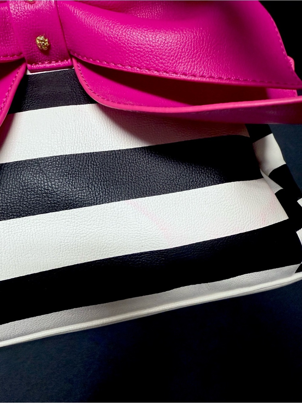 Betsey Johnson White & Black Stripe Satchel with Pink Bow Accent - Picture 7 of 10